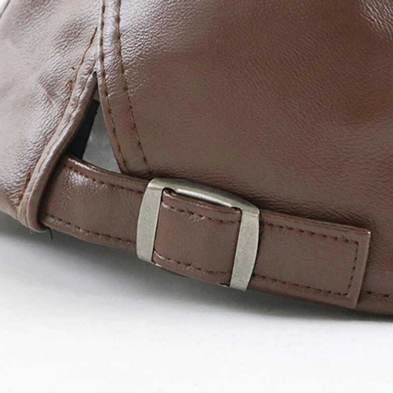 (image for) Collrown Beret Mens Adjustable PU Leather Flat Cap Stitch Newsboy Cap Driving Fishing Cabbie Hat Peaked Cap for Autumn Winter